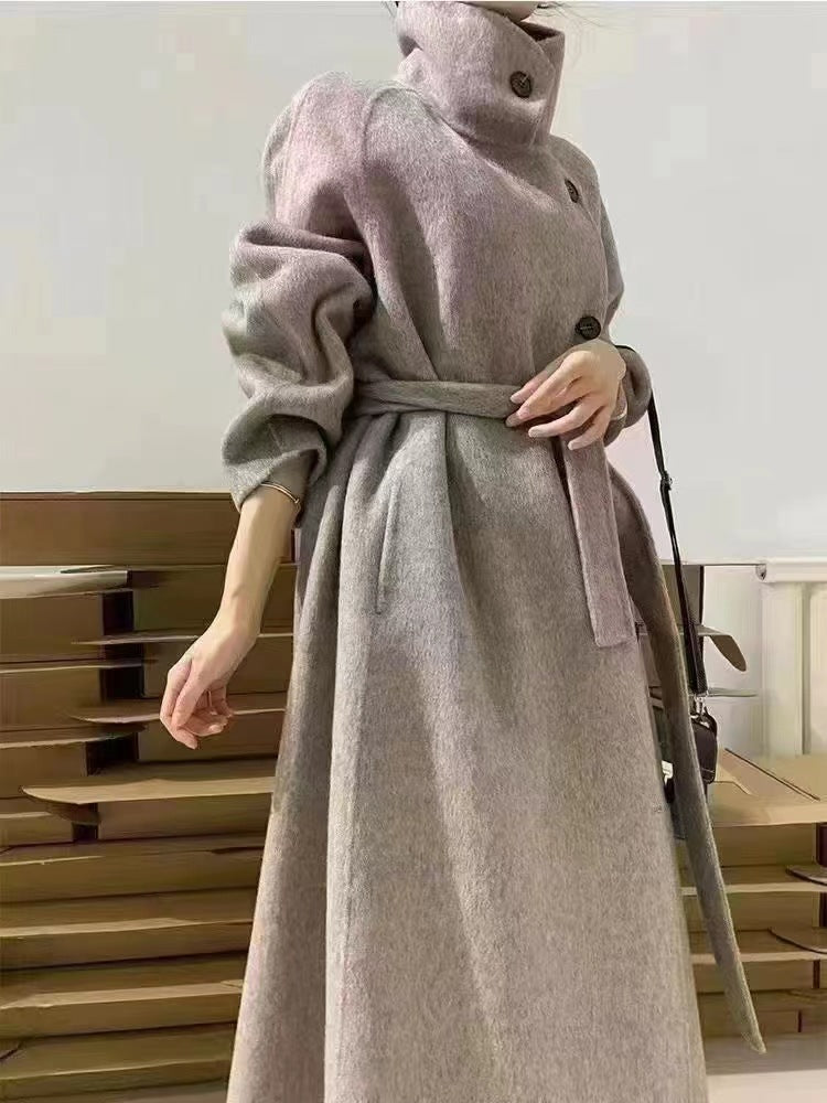 High collar Korean style loose-fitting twill wool coat - Elegant winter coat