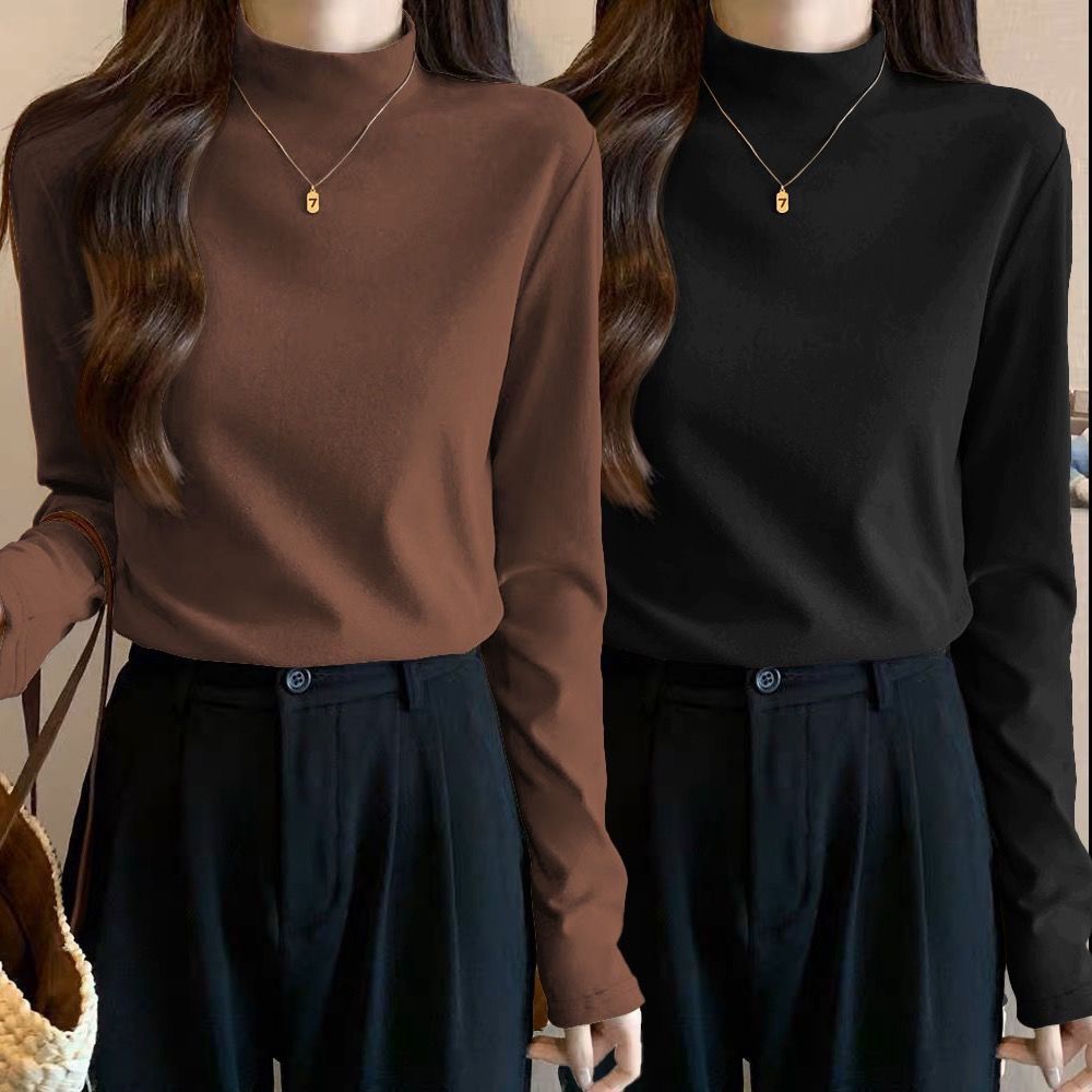 Double-sided German velvet half turtleneck solid color bottoming shirt with earrings