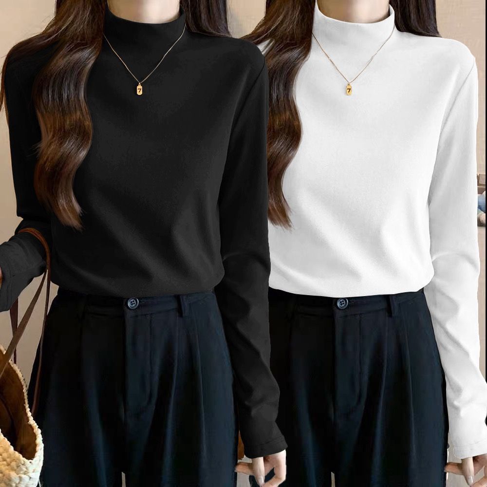 Double-sided German velvet half turtleneck solid color bottoming shirt with earrings