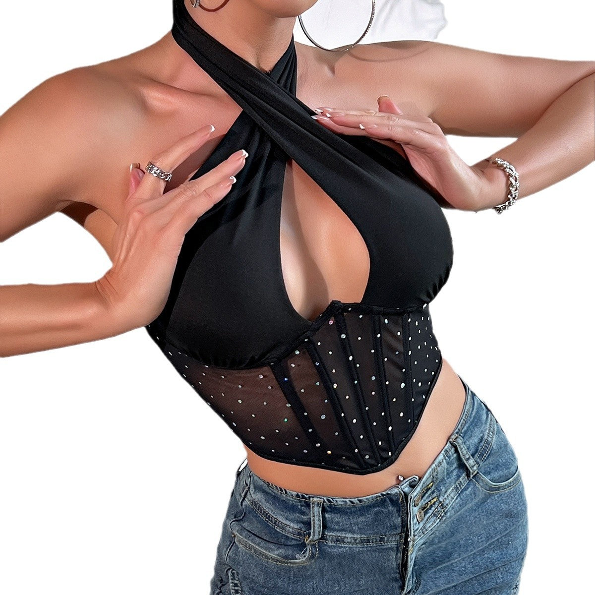 Mesh, diamond, halterneck, lace-up, bra-wrapped, steel ring, fishbone hottie