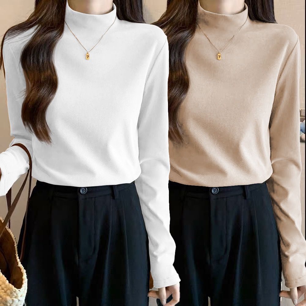 Double-sided German velvet half turtleneck solid color bottoming shirt with earrings