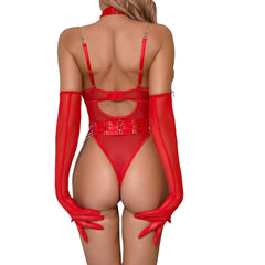 Sexy underwear see-through push-up chain slim fit neck cover two-piece jumpsuit