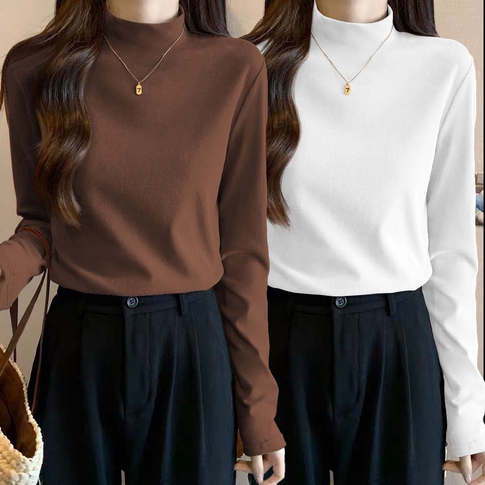 Double-sided German velvet half turtleneck solid color bottoming shirt with earrings