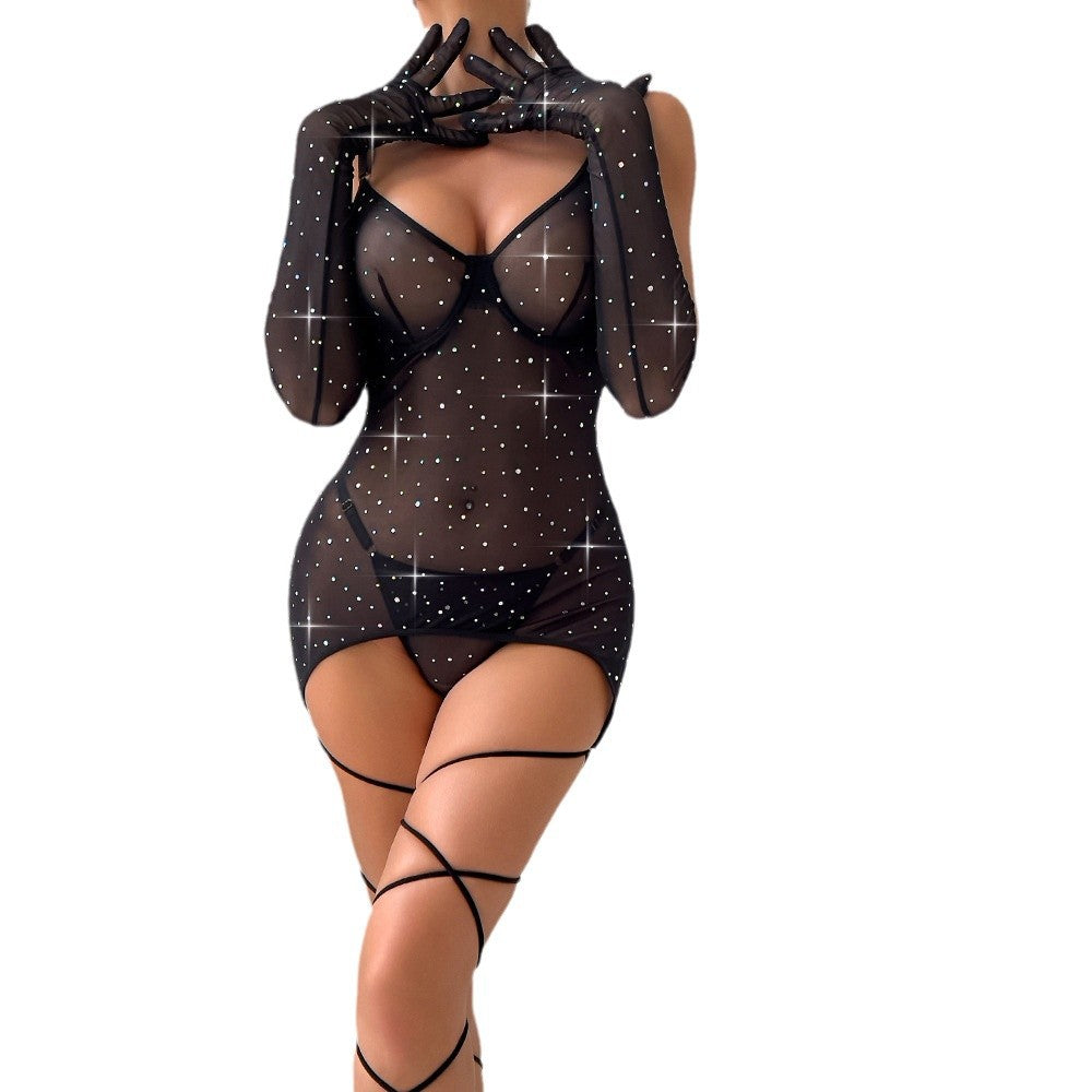 Popular flashing mesh sexy see-through one-piece underwear with empty straps and gloves set