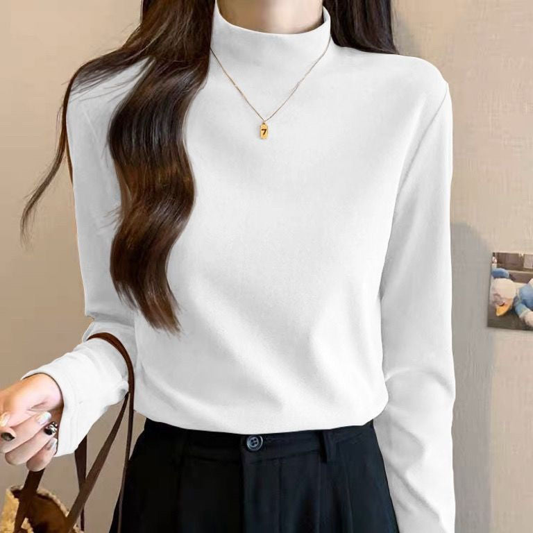 Double-sided German velvet half turtleneck solid color bottoming shirt with earrings