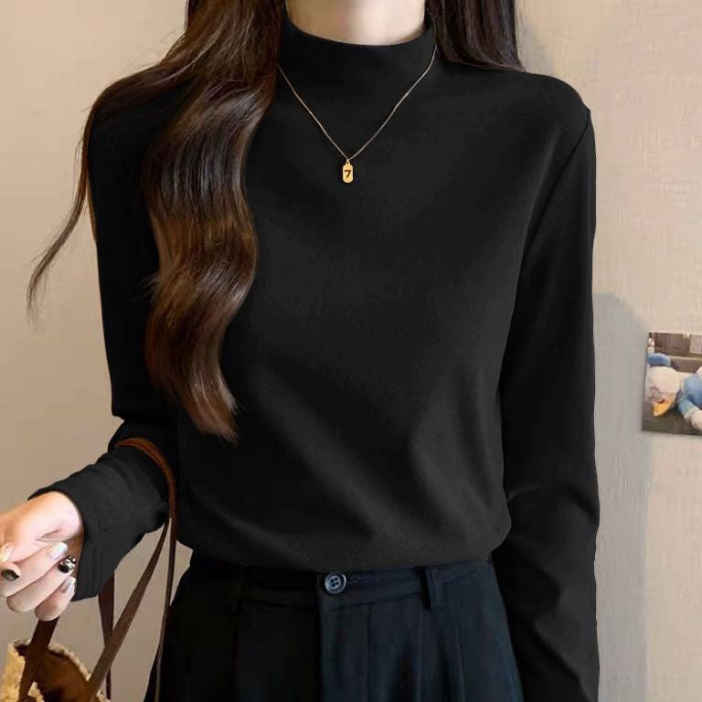 Double-sided German velvet half turtleneck solid color bottoming shirt with earrings