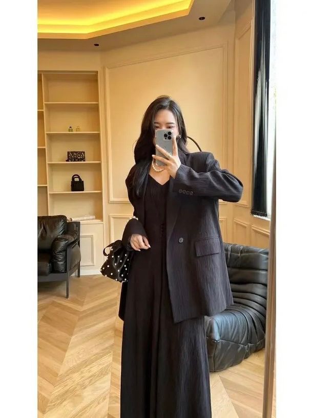 Plus Size Women’s Suit Set for Curvy Figures, Camisole Maxi Dress and Blazer Two - Piece Slimming Outfit for Spring/Autumn - Cyrenthia Luxe Fashion