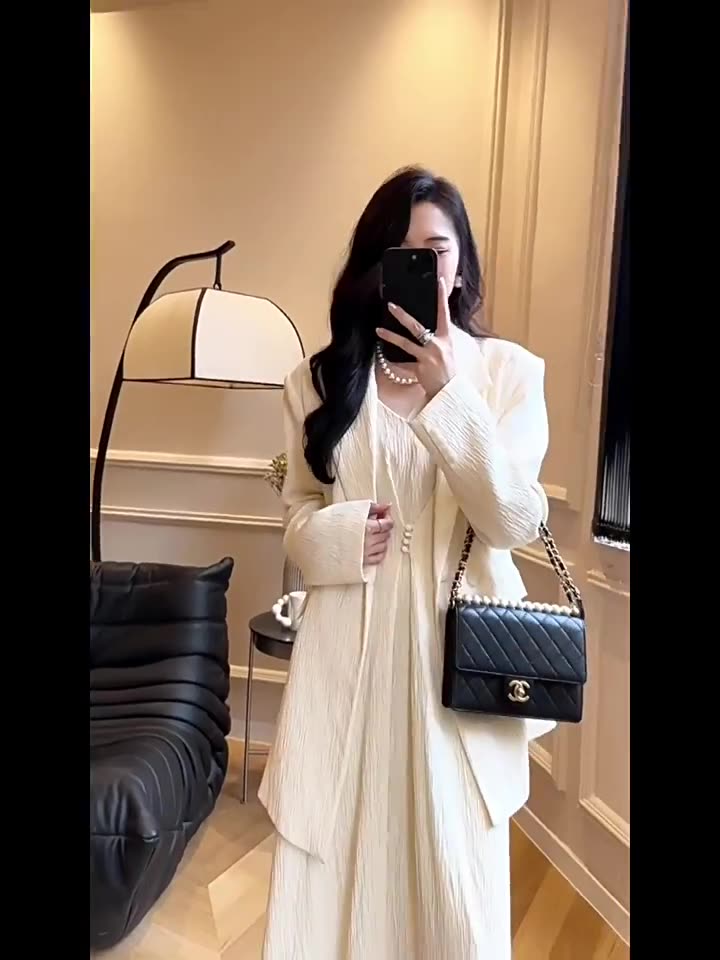 Plus Size Women’s Suit Set for Curvy Figures, Camisole Maxi Dress and Blazer Two - Piece Slimming Outfit for Spring/Autumn - Cyrenthia Luxe Fashion