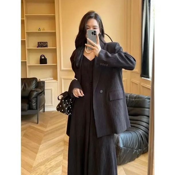 Plus Size Women’s Suit Set for Curvy Figures, Camisole Maxi Dress and Blazer Two - Piece Slimming Outfit for Spring/Autumn - Cyrenthia Luxe Fashion