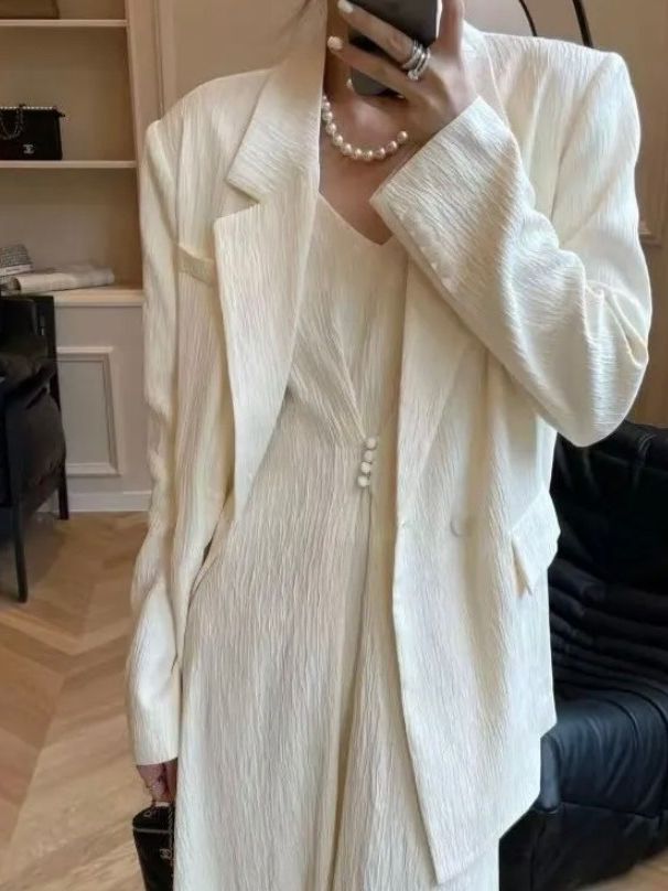 Plus Size Women’s Suit Set for Curvy Figures, Camisole Maxi Dress and Blazer Two - Piece Slimming Outfit for Spring/Autumn - Cyrenthia Luxe Fashion