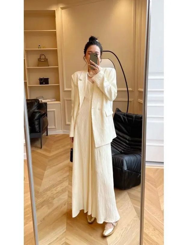 Plus Size Women’s Suit Set for Curvy Figures, Camisole Maxi Dress and Blazer Two - Piece Slimming Outfit for Spring/Autumn - Cyrenthia Luxe Fashion