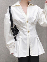 V - Neck Unique Design White Shirt | Elegant and Slimming - Cyrenthia Luxe Fashion