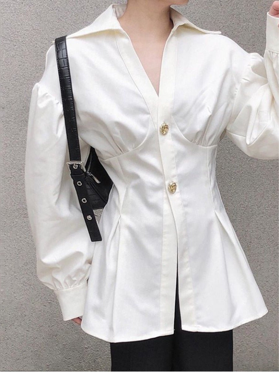 V - Neck Unique Design White Shirt | Elegant and Slimming - Cyrenthia Luxe Fashion